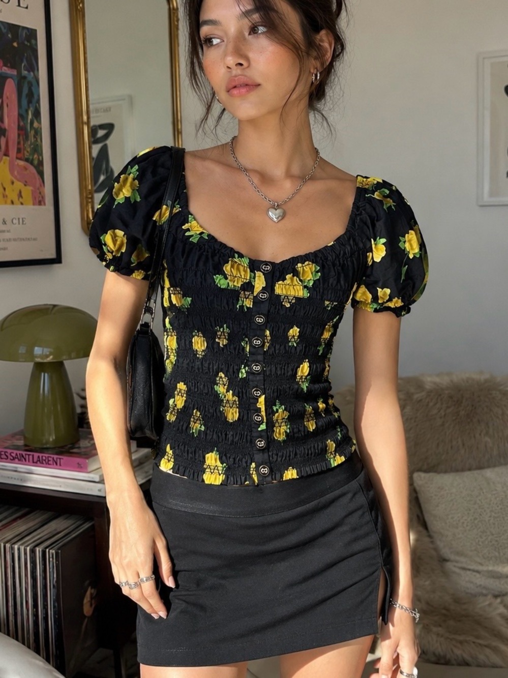 Caroline Constas ‘Sofi’ Cotton Smocked Peasant Top in Black & Yellow Floral XS